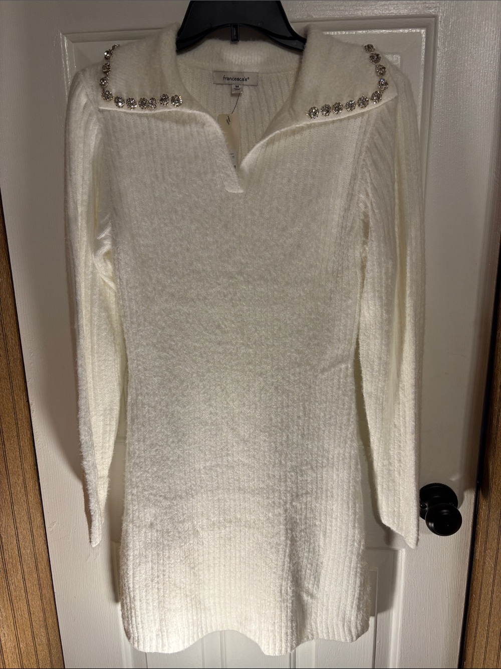 Francesca's White Jeweled Collar Knit Sweater